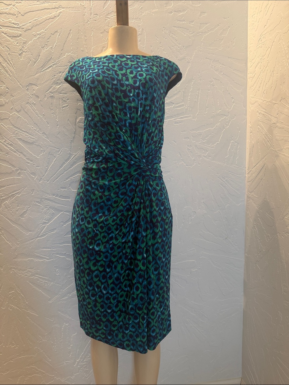 Lauren by Ralph Lauren Teal and Navy Twist-Waist Midi Dress Abstract Pattern 14